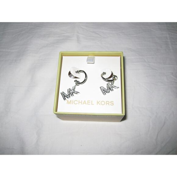 NEW Silver-plated Michael Kors Hoop Earrings and MK Crystal Logo dangle Stunning - Picture 5 of 9